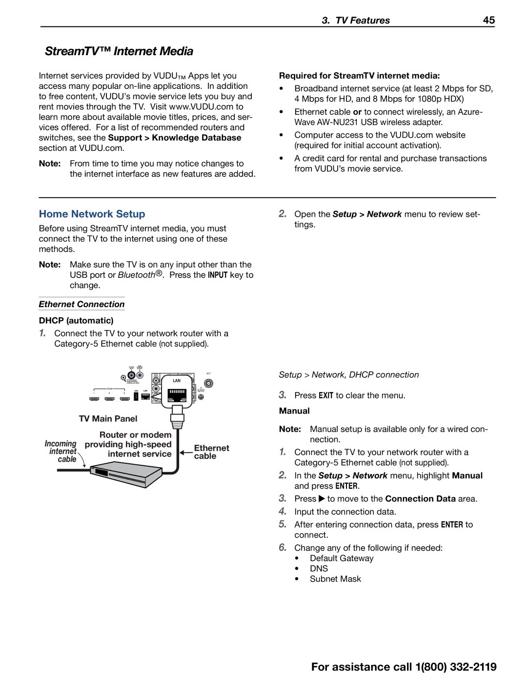 Mitsubishi Electronics 838 SERIES manual StreamTV Internet Media, Home Network Setup, Ethernet Connection 