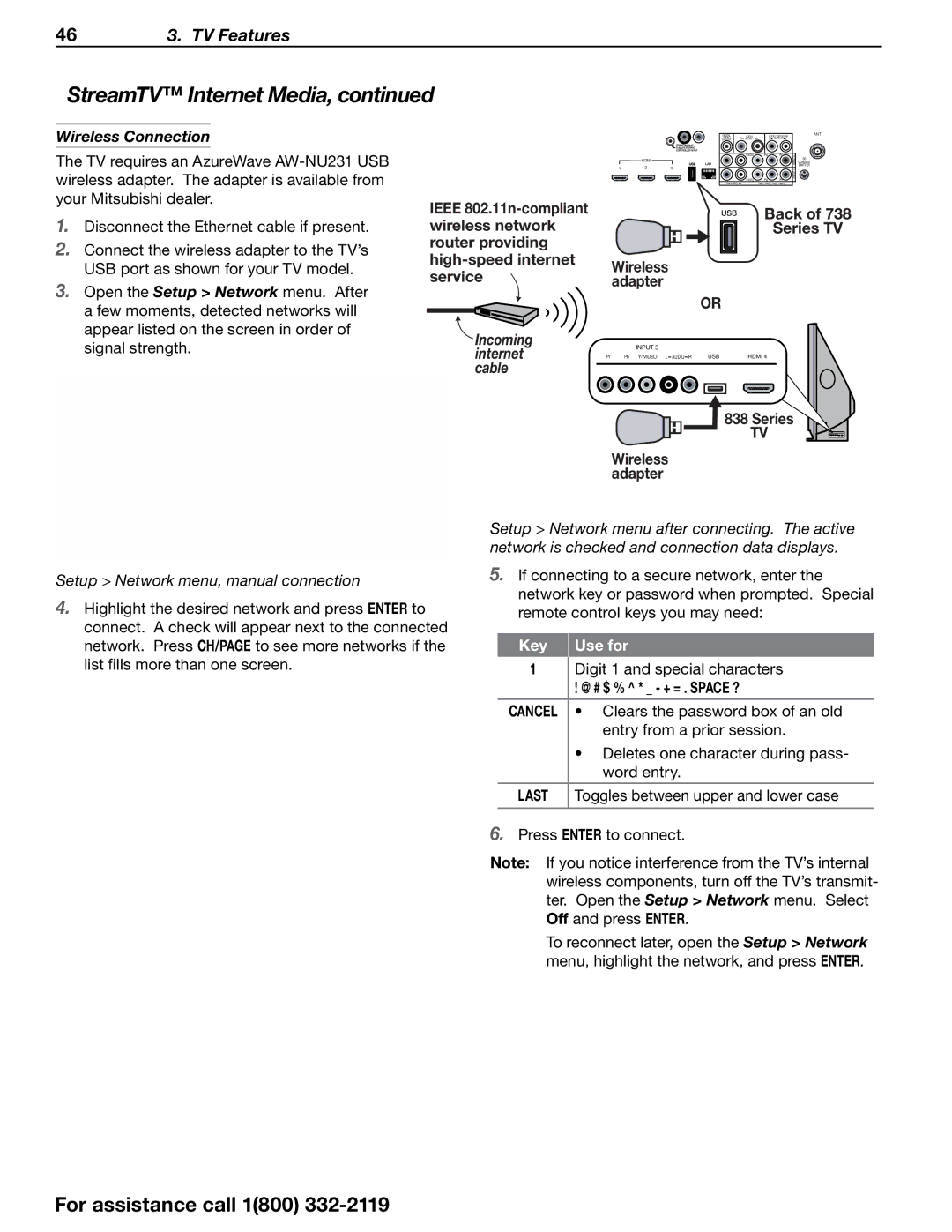 Mitsubishi Electronics 838 SERIES manual Wireless Connection, Key Use for, @ # $ % * + = . space ? 