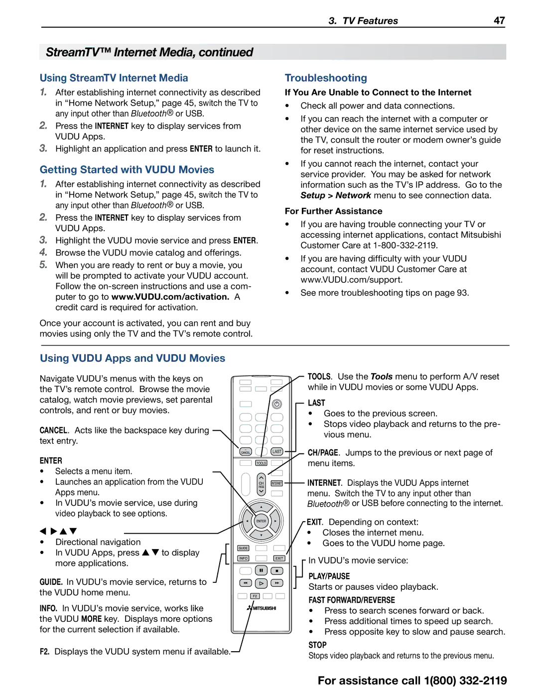 Mitsubishi Electronics 838 SERIES manual Using StreamTV Internet Media, Getting Started with Vudu Movies, Troubleshooting 