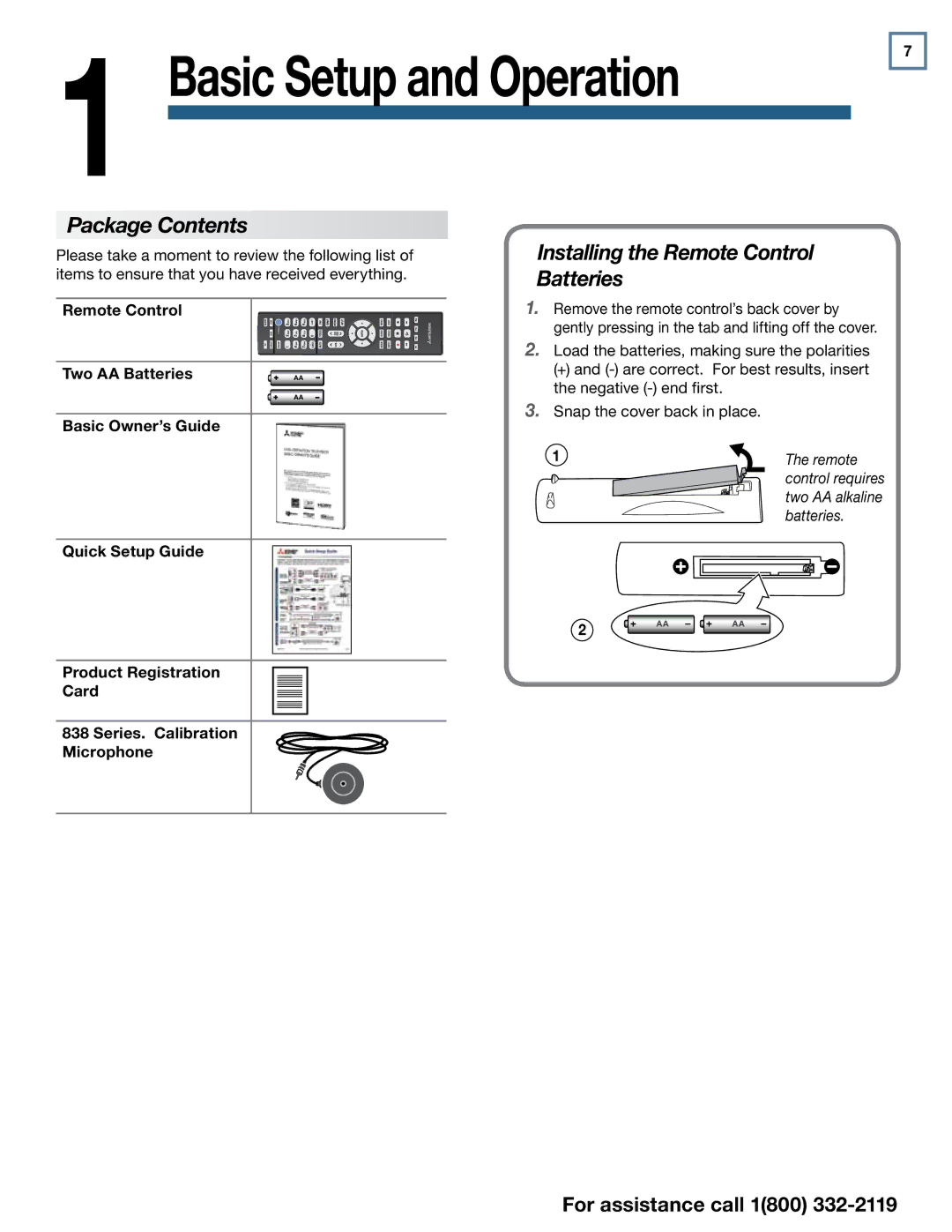 Mitsubishi Electronics 838 SERIES manual Package Contents, Installing the Remote Control Batteries 