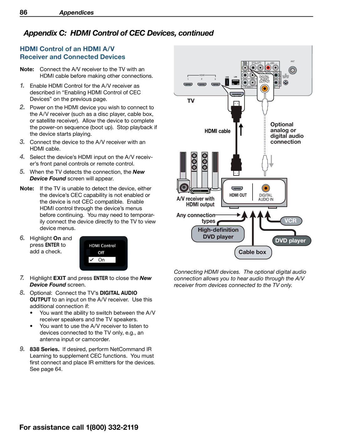 Mitsubishi Electronics 838 SERIES manual Hdmi Control of an Hdmi A/V Receiver and Connected Devices 