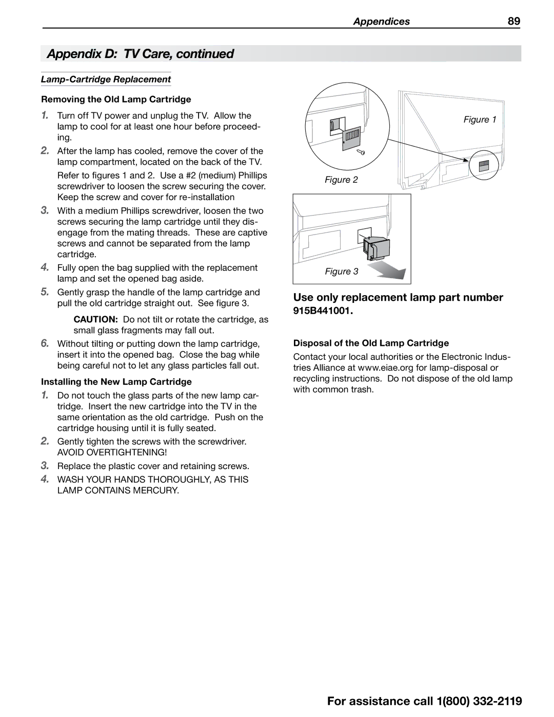 Mitsubishi Electronics 838 SERIES manual Lamp-Cartridge Replacement, Removing the Old Lamp Cartridge 