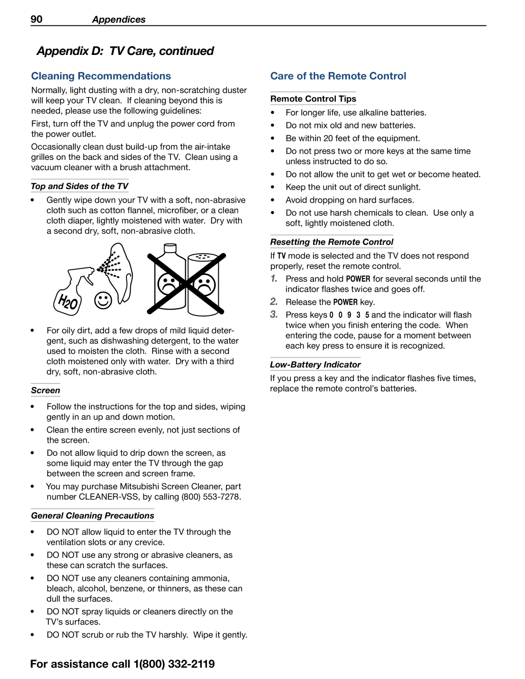 Mitsubishi Electronics 838 SERIES manual Cleaning Recommendations, Care of the Remote Control 