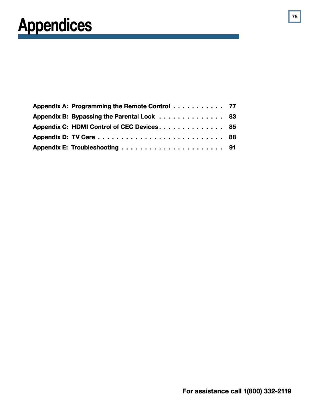 Mitsubishi Electronics 838 SERIES manual Appendices, Appendix A Programming the Remote Control, Appendix E Troubleshooting 