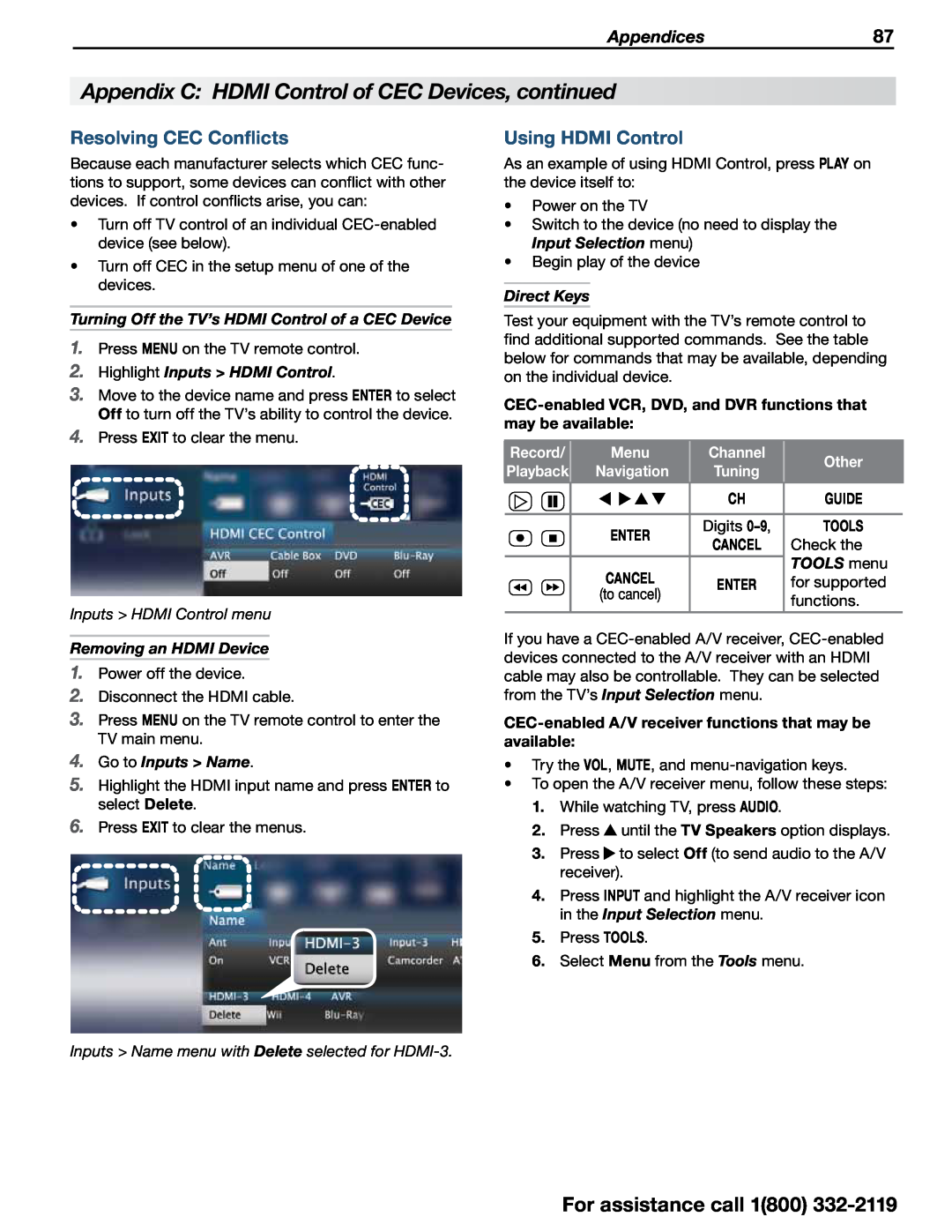 Mitsubishi Electronics 838 SERIES Resolving CEC Conflicts, Using HDMI Control, Appendices87, Highlight Inputs HDMI Control 