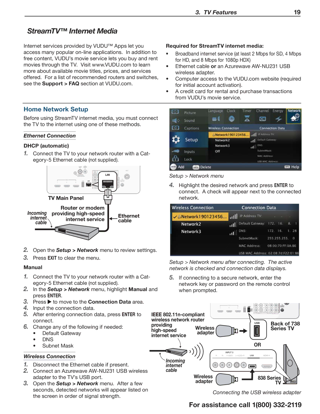 Mitsubishi Electronics 838 manual StreamTV Internet Media, Home Network Setup, Ethernet Connection, Wireless Connection 