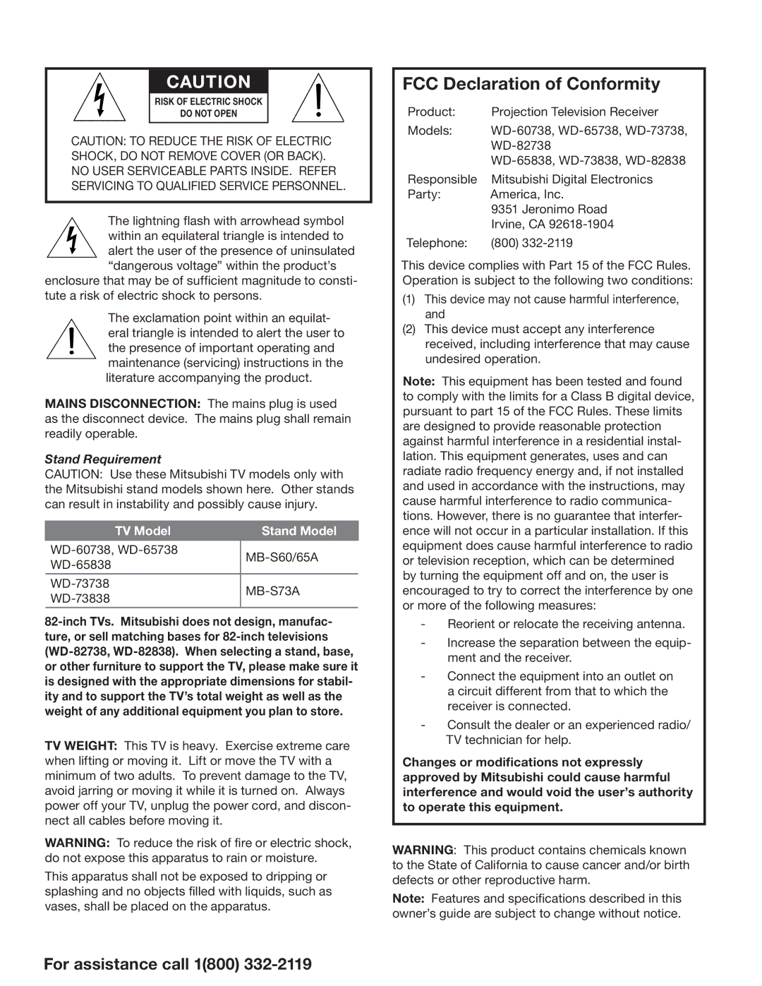 Mitsubishi Electronics 838 manual Stand Requirement, TV Model Stand Model 