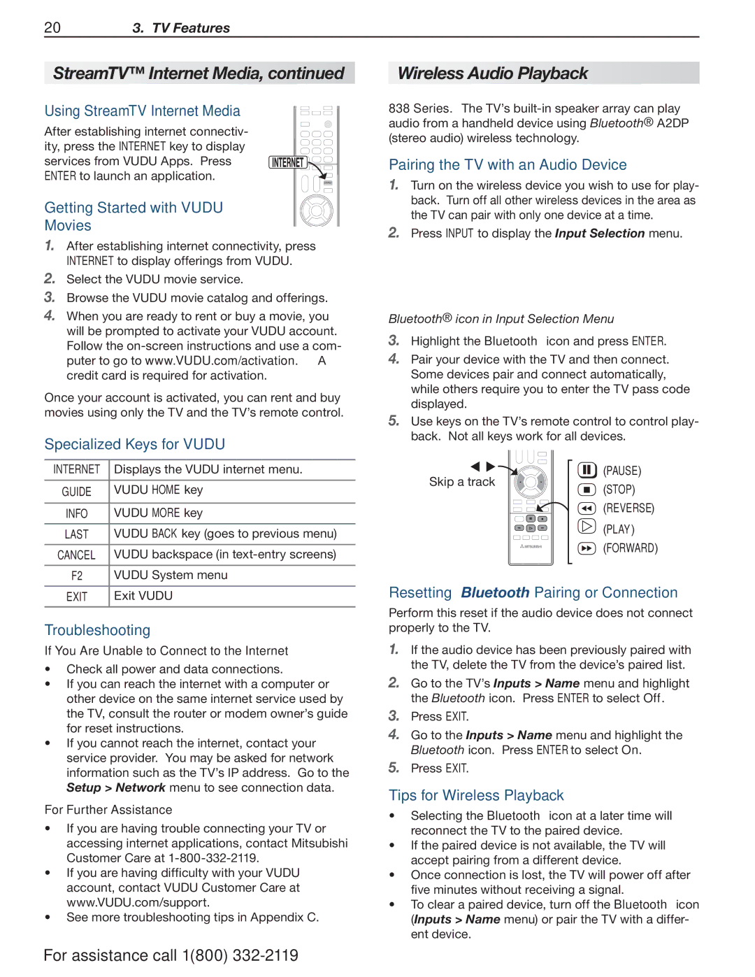 Mitsubishi Electronics 838 manual Wireless Audio Playback 