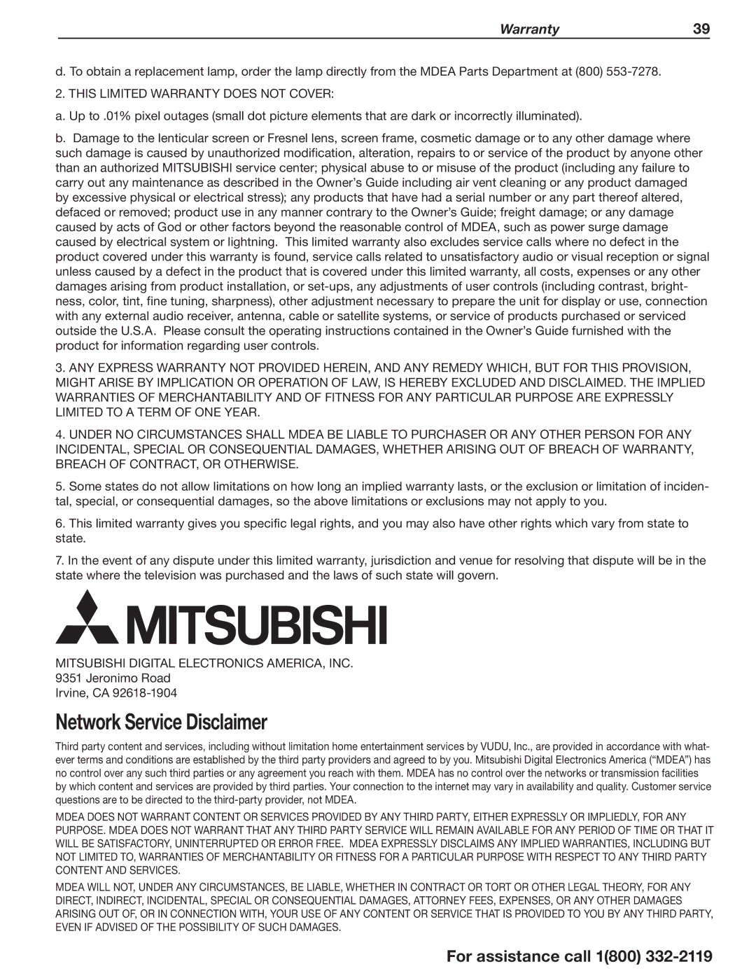 Mitsubishi Electronics 838 manual Network Service Disclaimer 