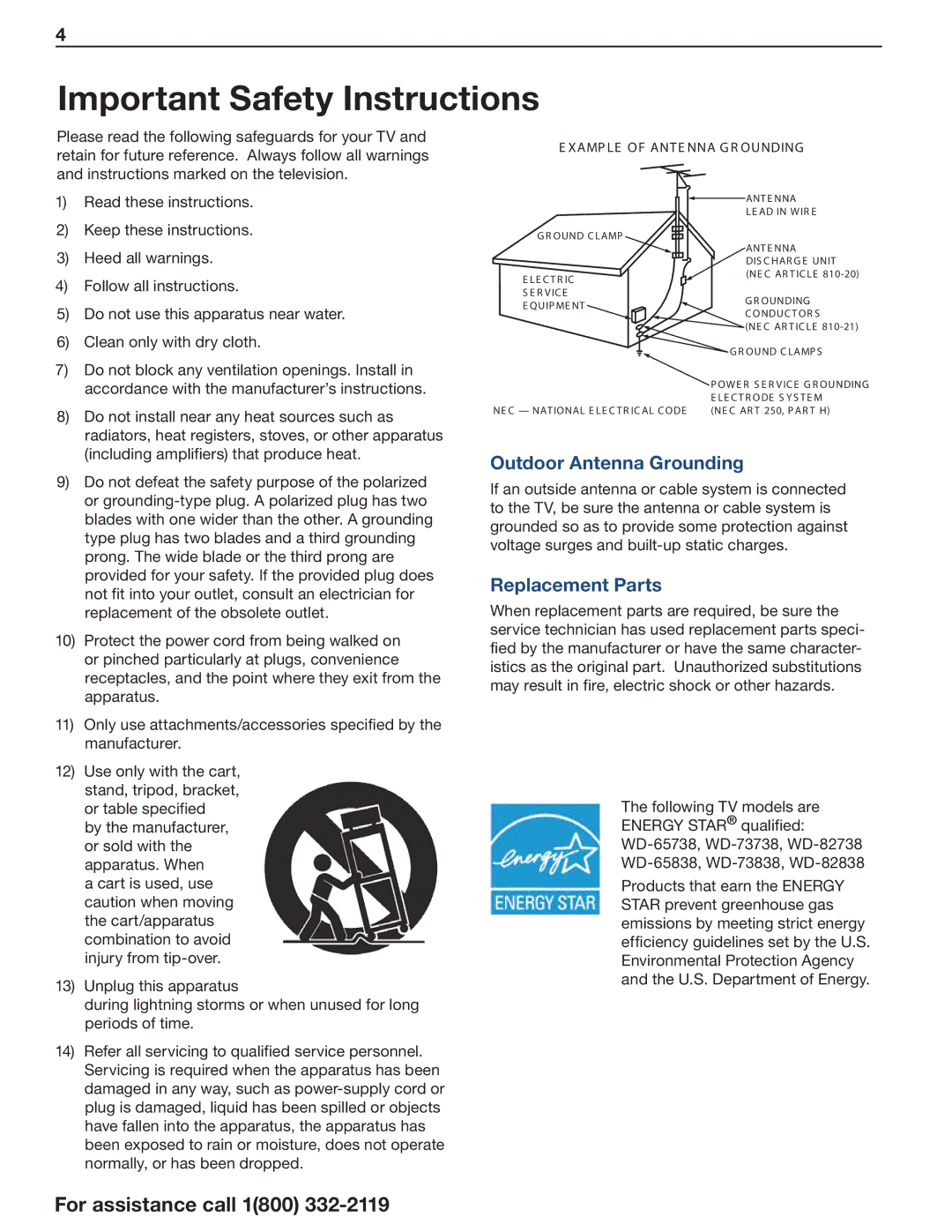 Mitsubishi Electronics 838 manual Outdoor Antenna Grounding, Replacement Parts 