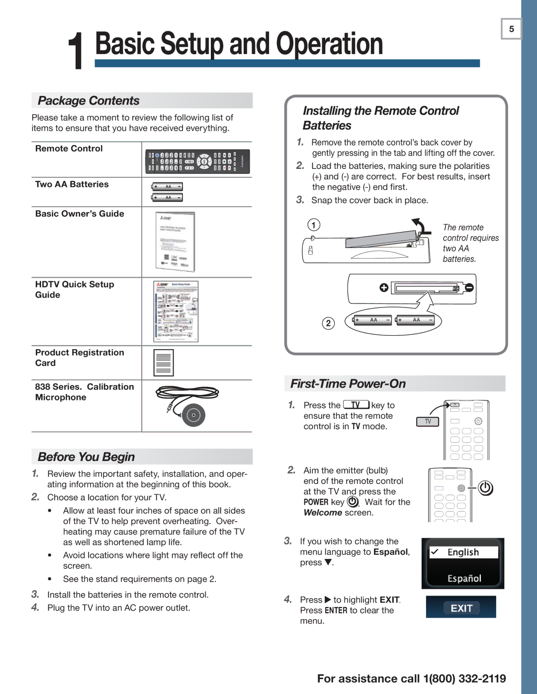 Mitsubishi Electronics 838 manual Package Contents, Before You Begin, Installing the Remote Control Batteries 