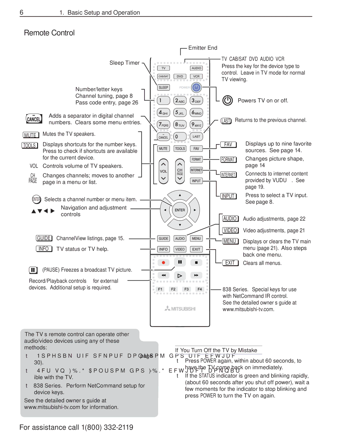 Mitsubishi Electronics 838 manual Remote Control, TV CAB/SAT DVD Audio VCR, Number/letter keys, Fav 