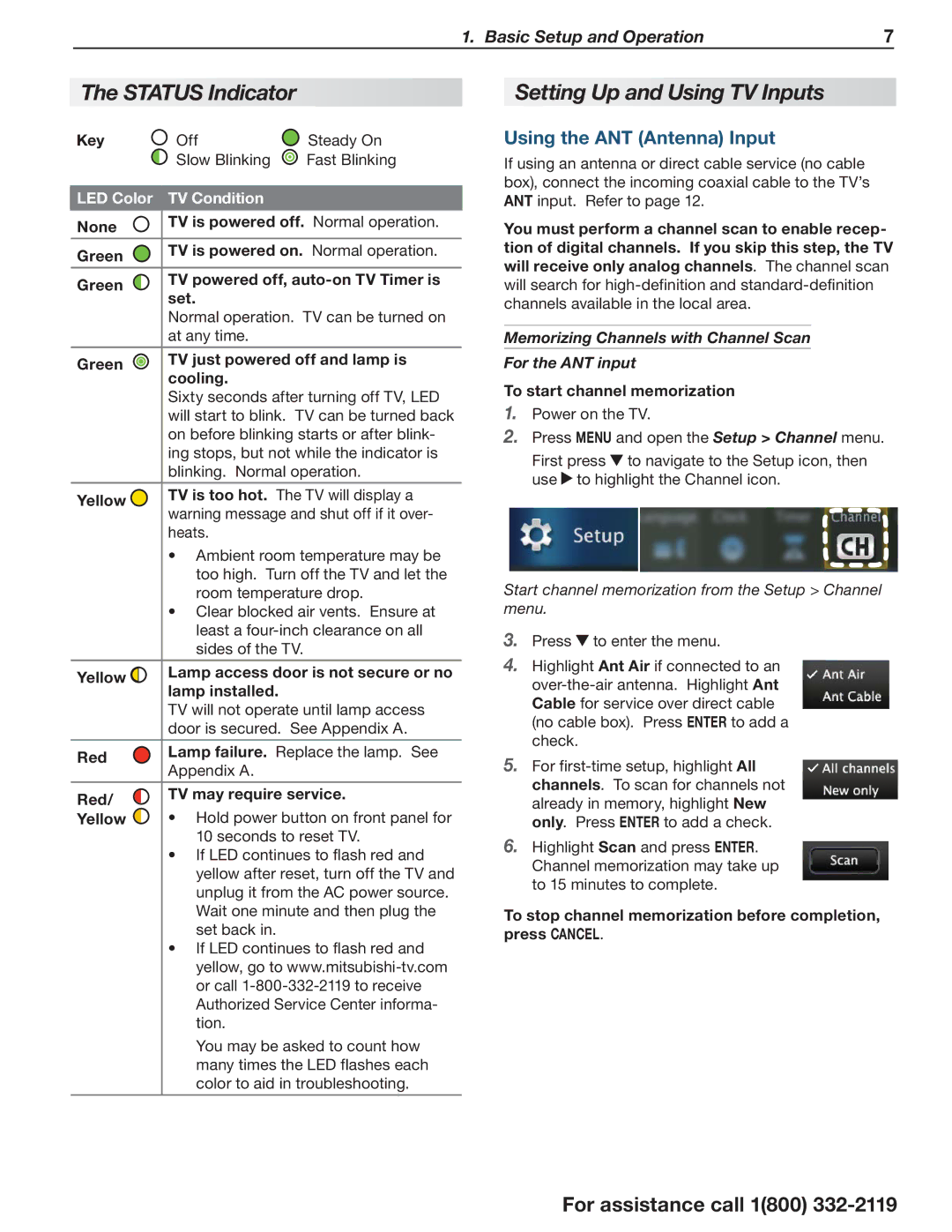 Mitsubishi Electronics 838 manual Status Indicator, Setting Up and Using TV Inputs, Using the ANT Antenna Input 