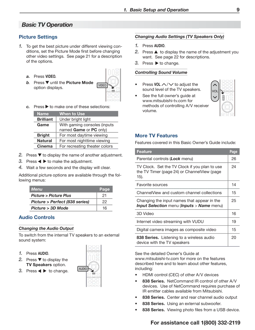 Mitsubishi Electronics 838 manual Basic TV Operation, Picture Settings, Audio Controls, More TV Features 