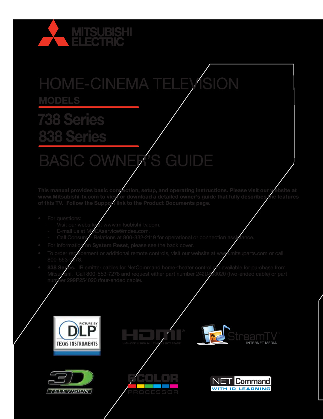 Mitsubishi Electronics manual Models, Home-Cinematelevision, 738Series 838 Series, Basic Owner’S Guide 