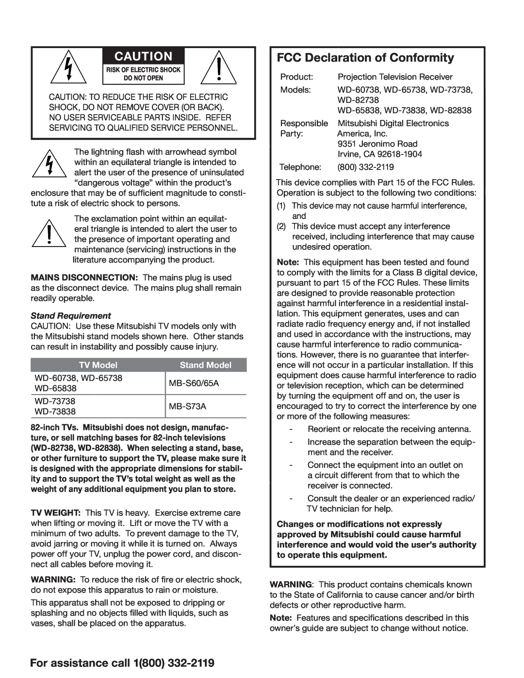 Mitsubishi Electronics 838 manual FCC Declaration of Conformity, For assistance call 