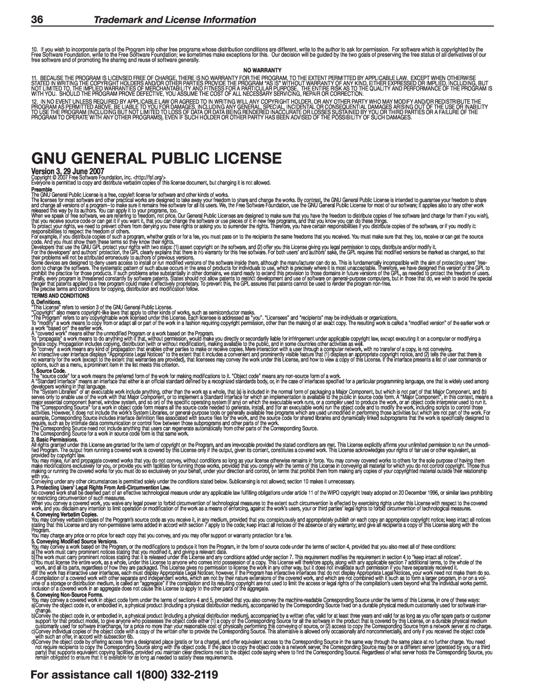 Mitsubishi Electronics 838 manual Gnu General Public License, 36Trademark and License Information, For assistance call 