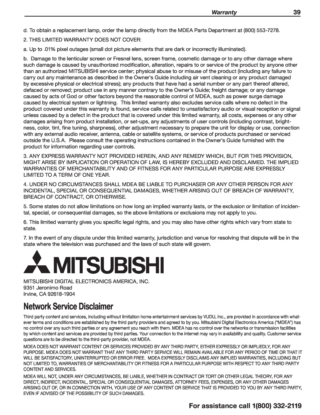 Mitsubishi Electronics 838 manual Network Service Disclaimer, Warranty39, For assistance call 