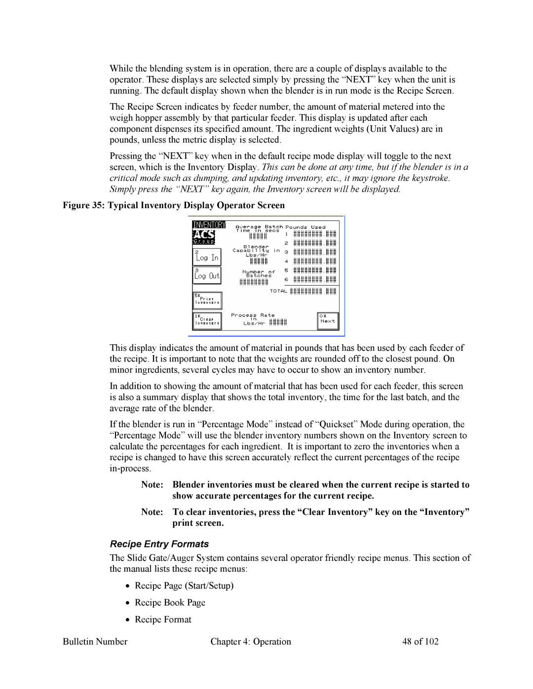 Mitsubishi Electronics 882.00207.00 specifications Typical Inventory Display Operator Screen, Recipe Entry Formats 