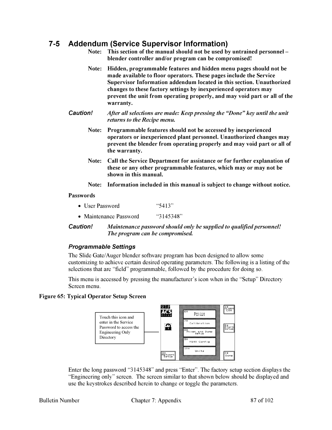 Mitsubishi Electronics 882.00207.00 Addendum Service Supervisor Information, Passwords, Programmable Settings 