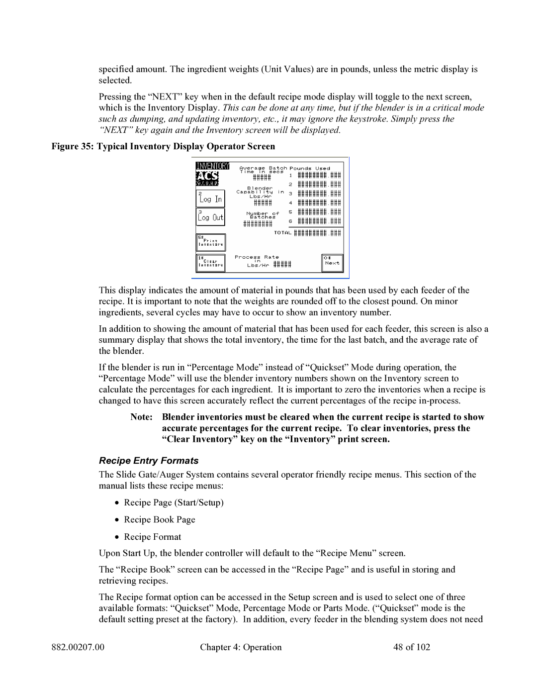 Mitsubishi Electronics 882.00207.00 specifications Typical Inventory Display Operator Screen, Recipe Entry Formats 