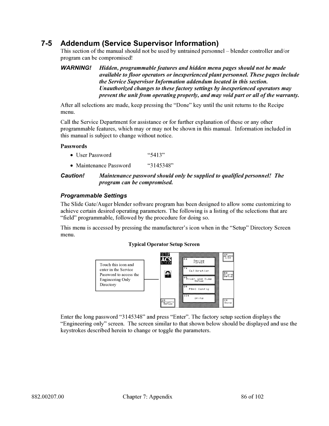 Mitsubishi Electronics 882.00207.00 Addendum Service Supervisor Information, Passwords, Programmable Settings 