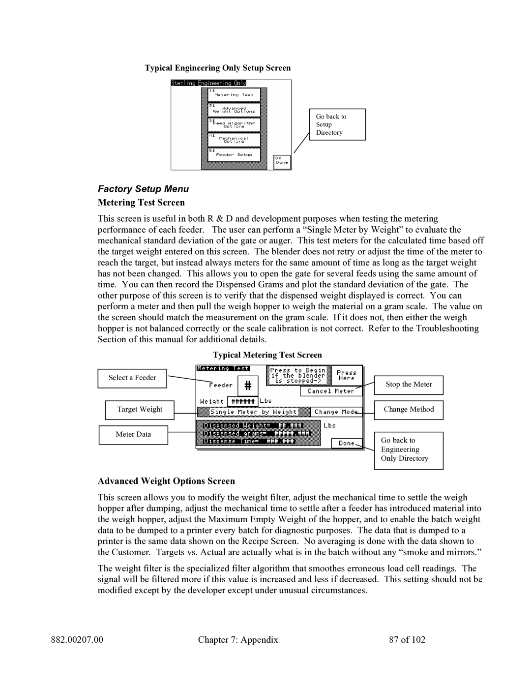 Mitsubishi Electronics 882.00207.00 specifications Factory Setup Menu, Metering Test Screen, Advanced Weight Options Screen 