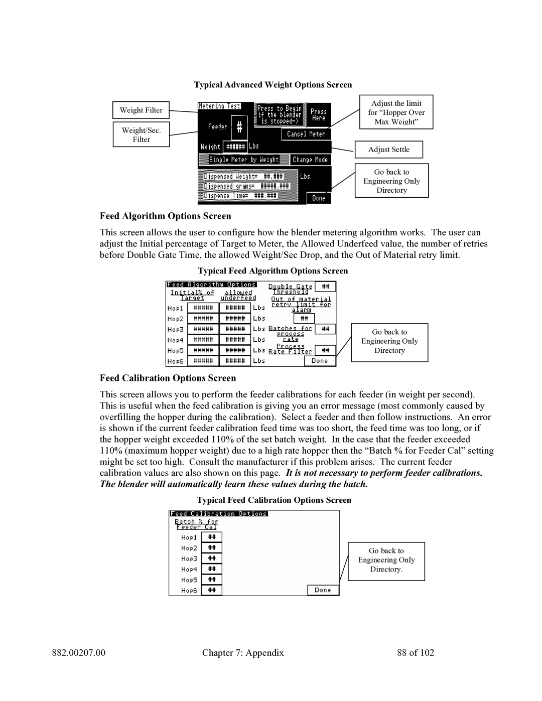 Mitsubishi Electronics 882.00207.00 specifications Feed Algorithm Options Screen, Feed Calibration Options Screen 