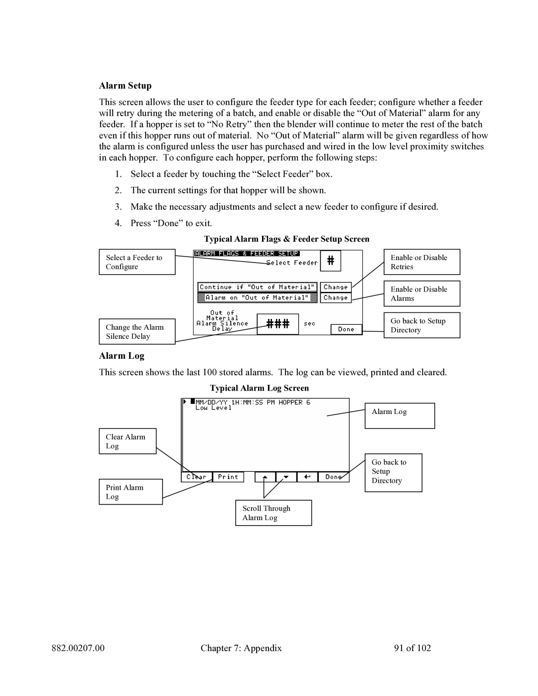 Mitsubishi Electronics 882.00207.00 specifications Alarm Log, Typical Alarm Flags & Feeder Setup Screen 