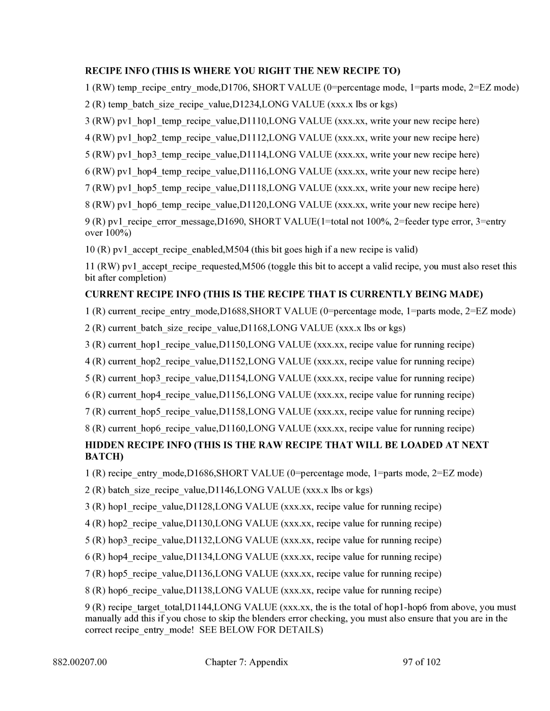 Mitsubishi Electronics 882.00207.00 specifications Recipe Info this is Where YOU Right the NEW Recipe to 