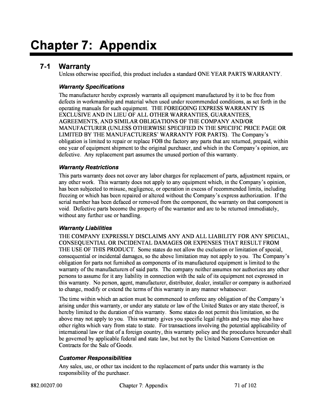 Mitsubishi Electronics 882.00207.00 specifications Appendix, 7-1Warranty, Warranty Specifications, Warranty Restrictions 