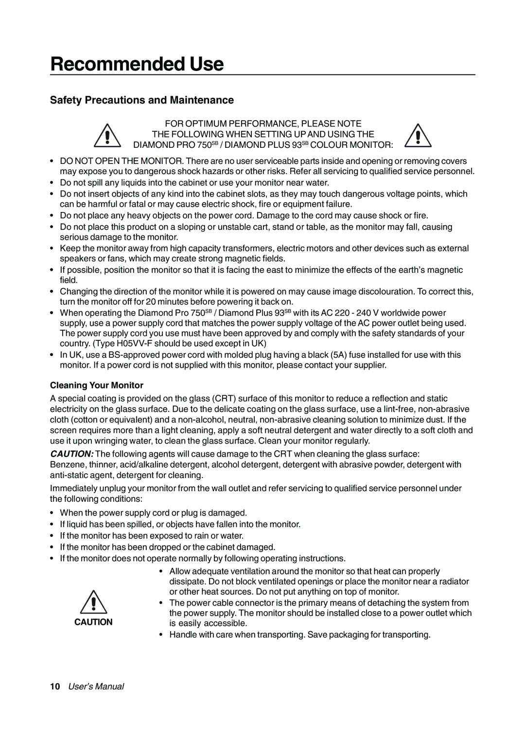 Mitsubishi Electronics 93 SB, 750 SB user manual Recommended Use, Safety Precautions and Maintenance, Cleaning Your Monitor 