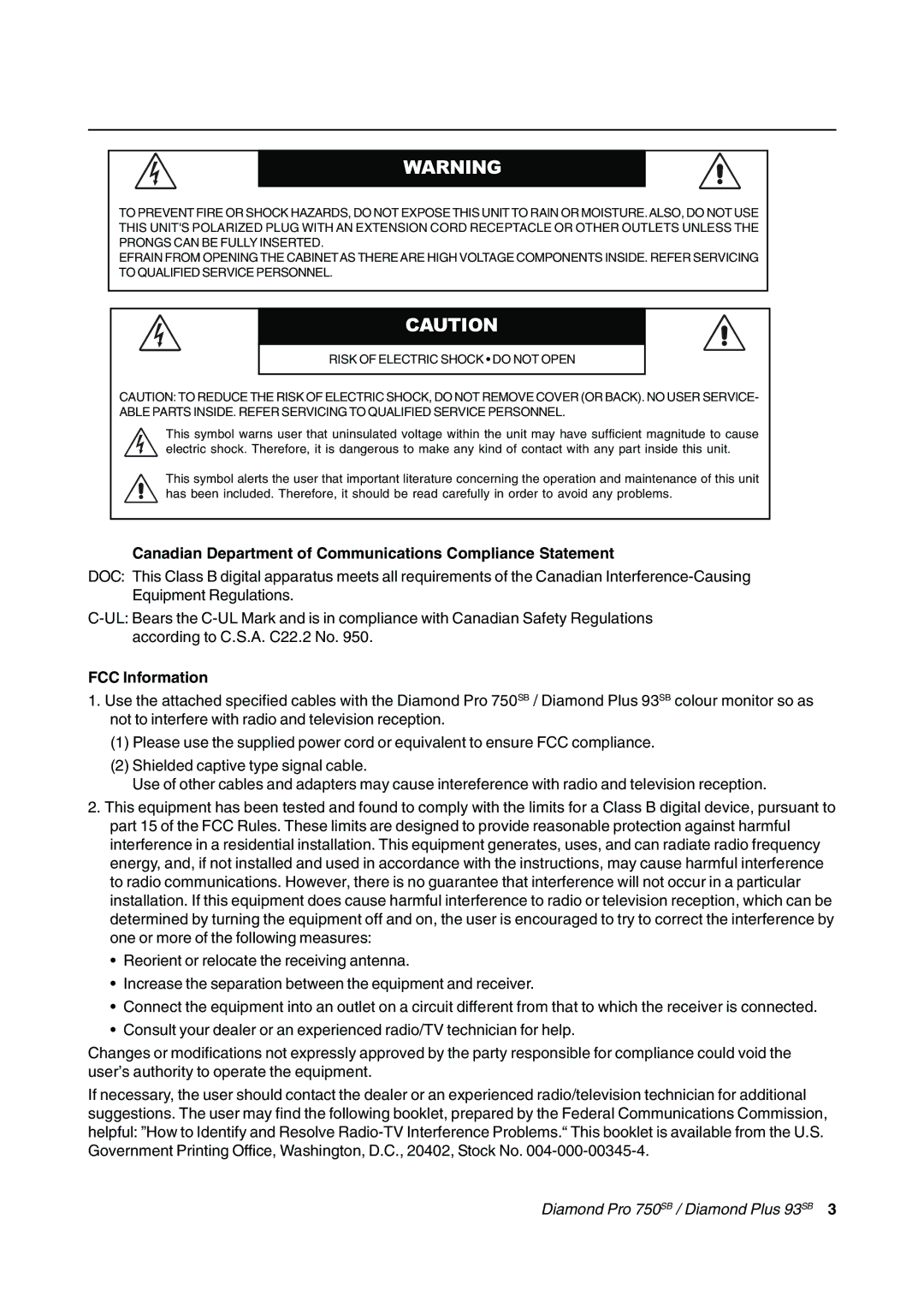 Mitsubishi Electronics Diamond Pro 750SB, Diamond Plus 93SB Canadian Department of Communications Compliance Statement 