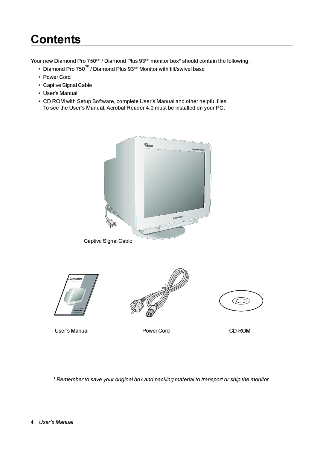 Mitsubishi Electronics 93 SB, 750 SB, Diamond Pro 750SB, Diamond Plus 93SB user manual Contents 