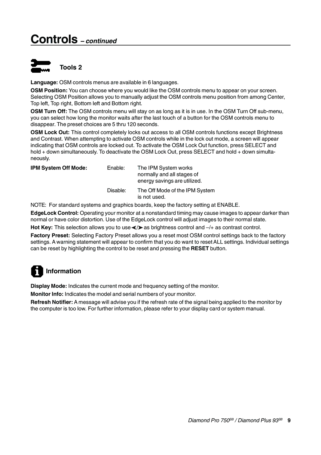 Mitsubishi Electronics Diamond Pro 750SB, Diamond Plus 93SB, 93 SB, 750 SB user manual Information, IPM System Off Mode 