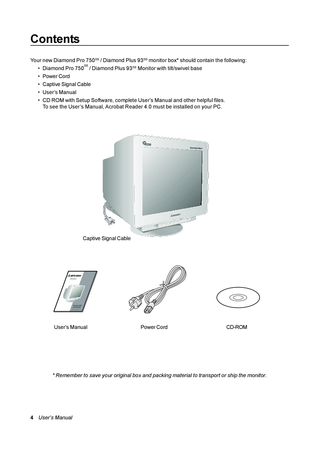 Mitsubishi Electronics 93 SB, 750 SB, Diamond Pro 750SB, Diamond Plus 93SB user manual Contents, User’s Manual 