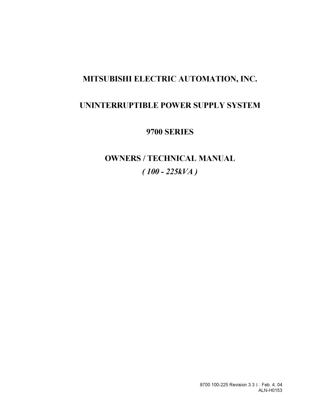 Mitsubishi Electronics 9700 Series technical manual 100 225kVA 