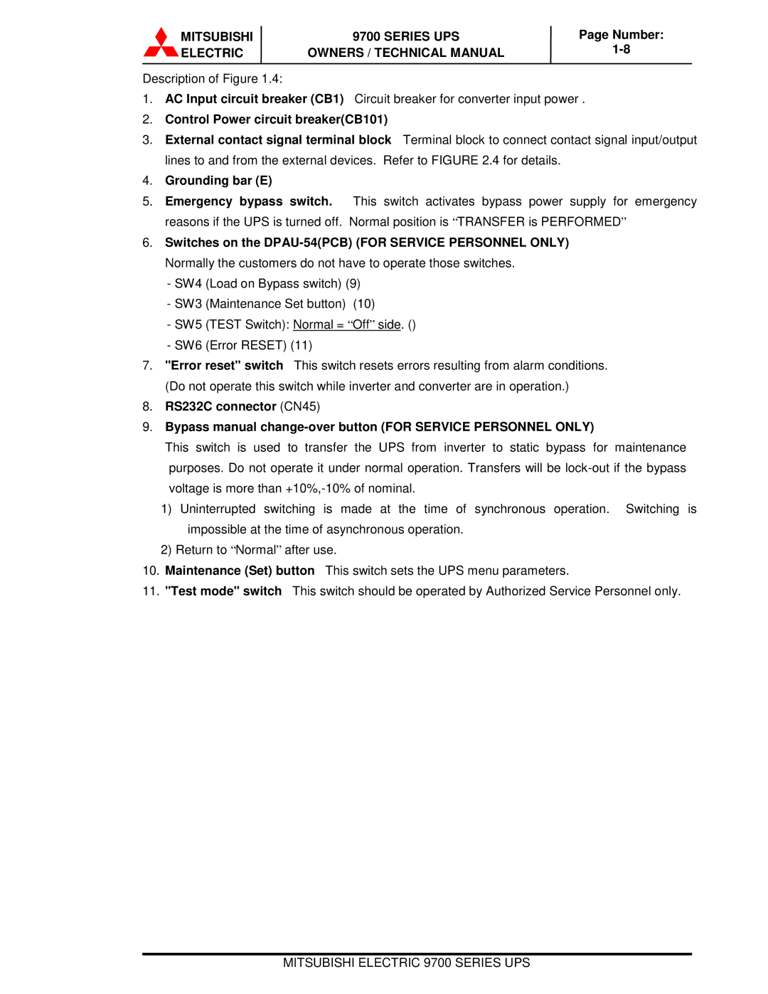 Mitsubishi Electronics 9700 Series technical manual Control Power circuit breakerCB101 