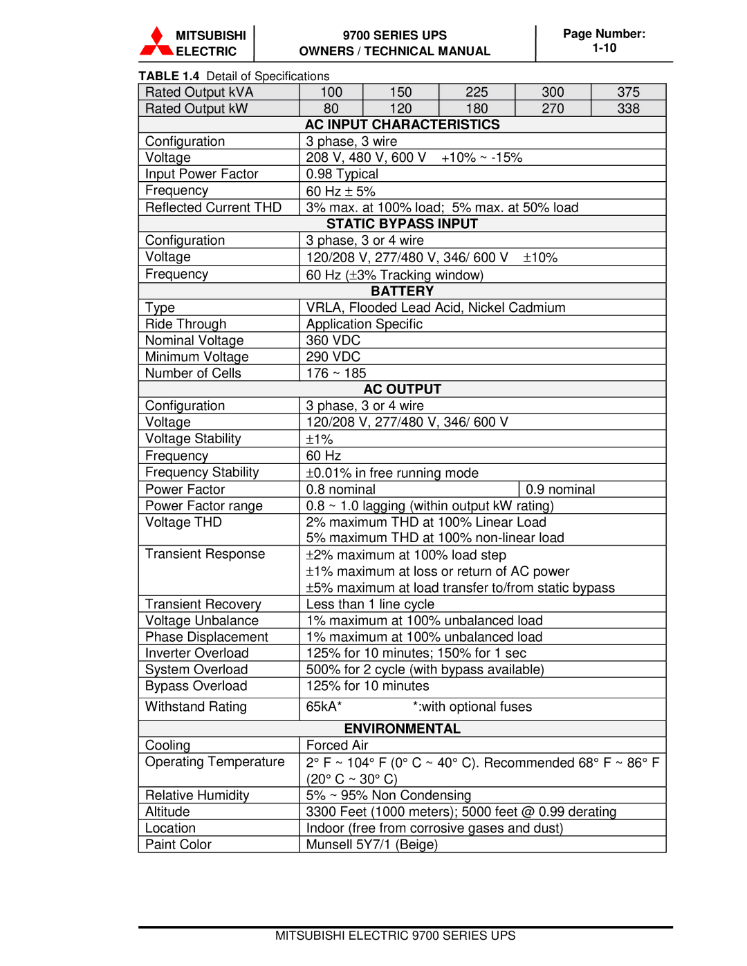 Mitsubishi Electronics 9700 Series technical manual Static Bypass Input, Battery, Environmental 