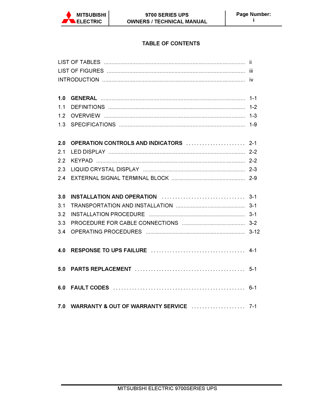 Mitsubishi Electronics 9700 Series technical manual Table of Contents 