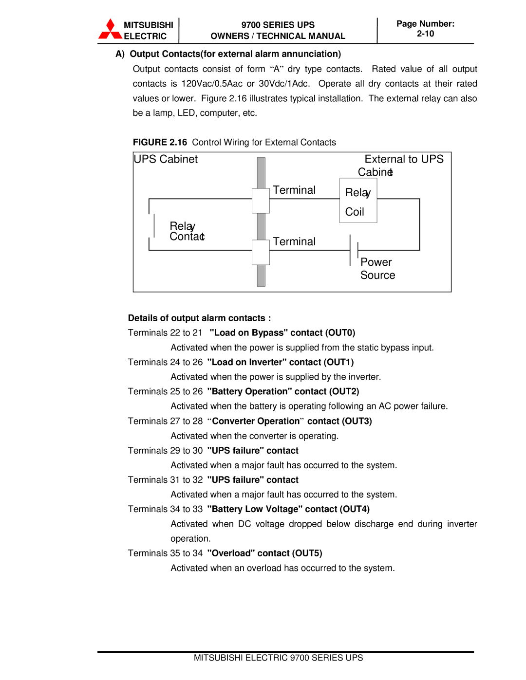 Mitsubishi Electronics 9700 Series technical manual Output Contactsfor external alarm annunciation 