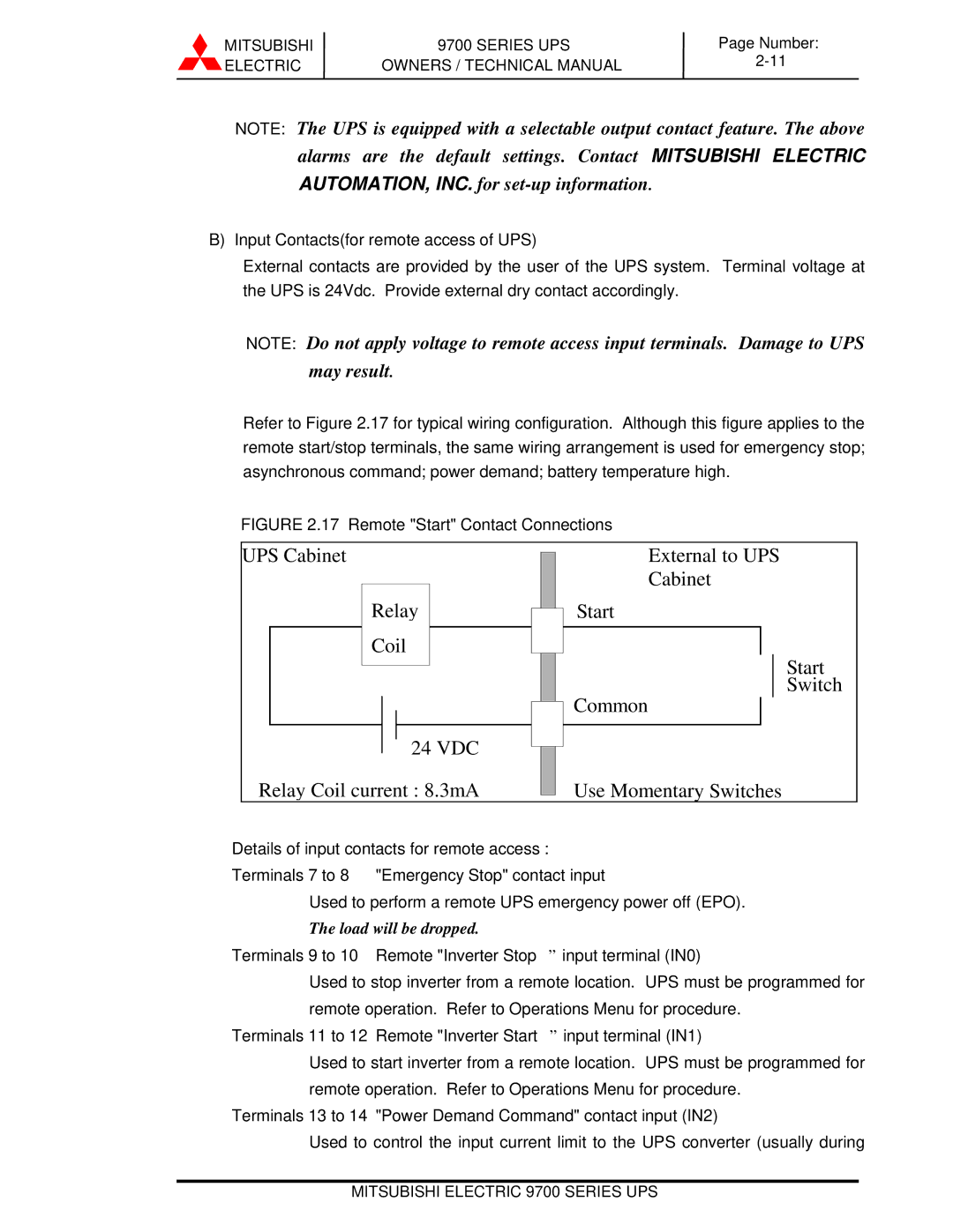 Mitsubishi Electronics 9700 Series technical manual Input Contactsfor remote access of UPS 