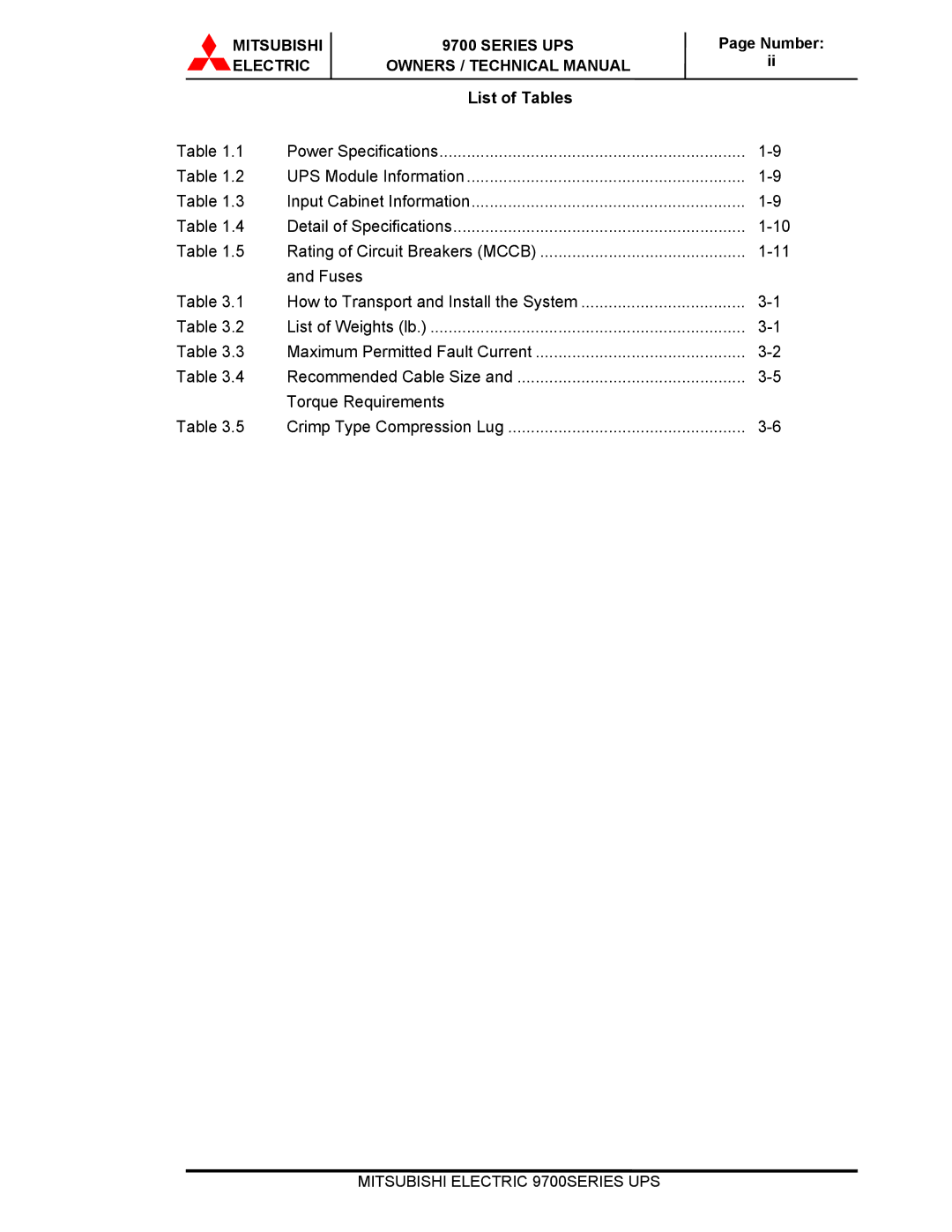 Mitsubishi Electronics 9700 Series technical manual List of Tables, Fuses 