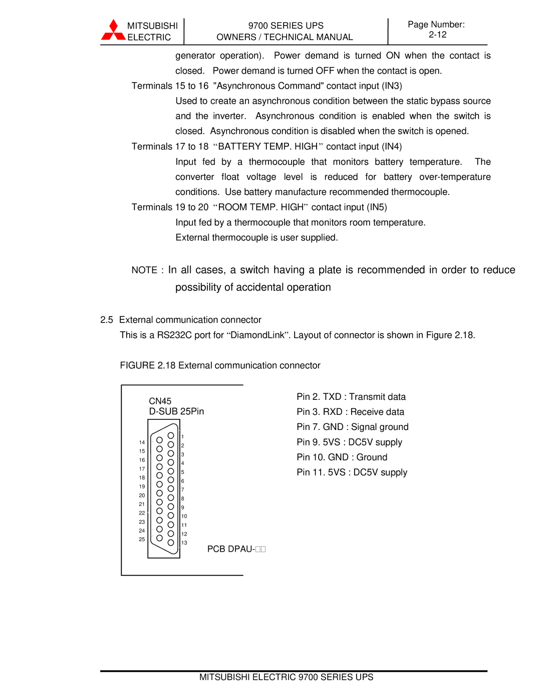 Mitsubishi Electronics 9700 Series technical manual Terminals 15 to 16 Asynchronous Command contact input IN3 