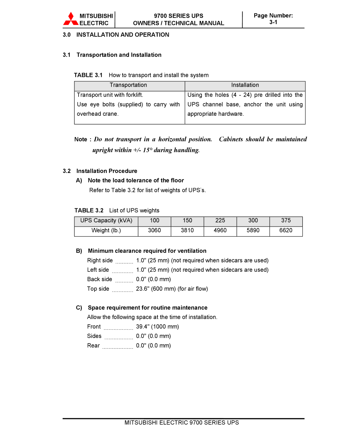 Mitsubishi Electronics 9700 Series Mitsubishi Series UPS, Transportation and Installation, Installation Procedure 