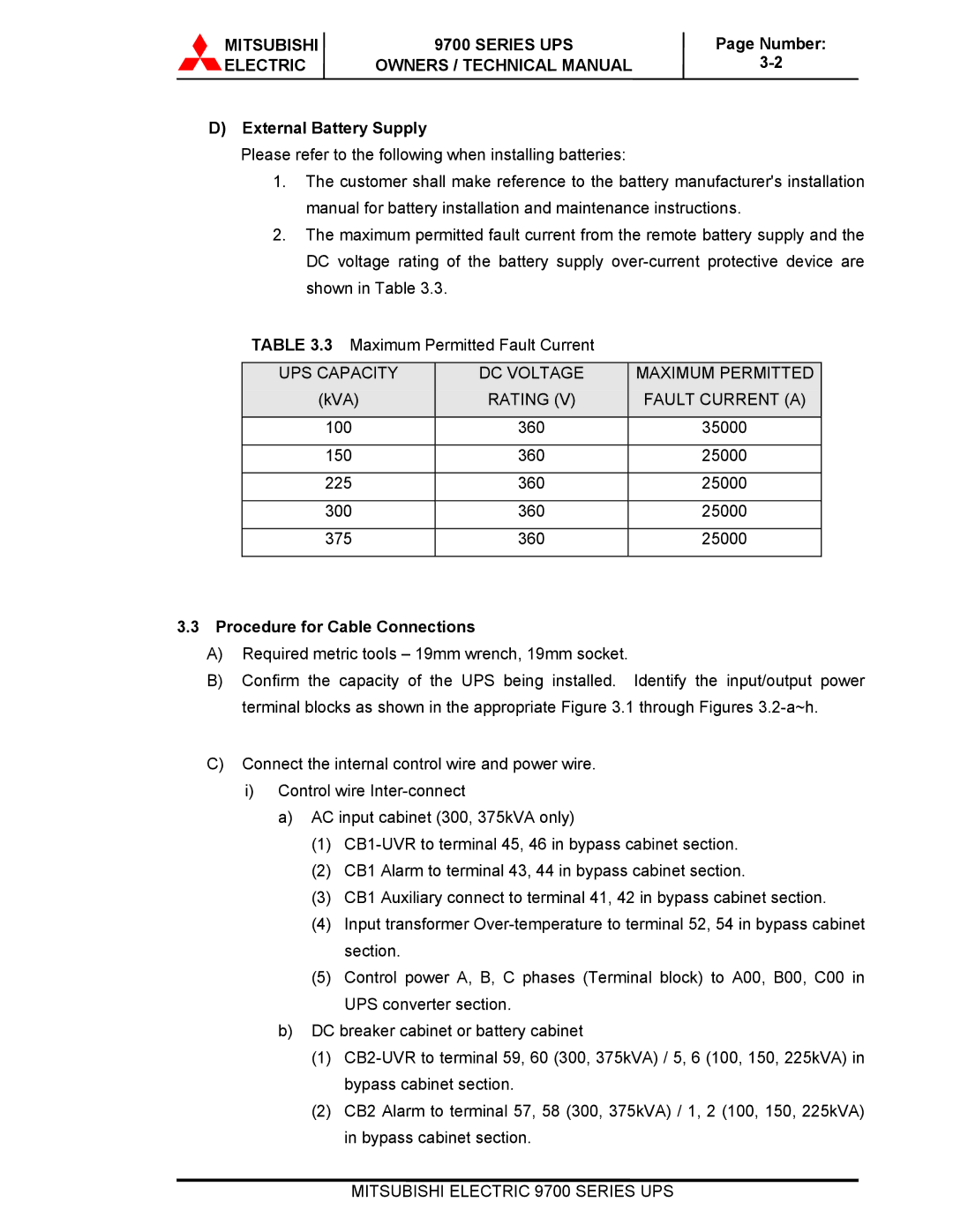 Mitsubishi Electronics 9700 Series technical manual Electric Owners / Technical Manual, External Battery Supply 