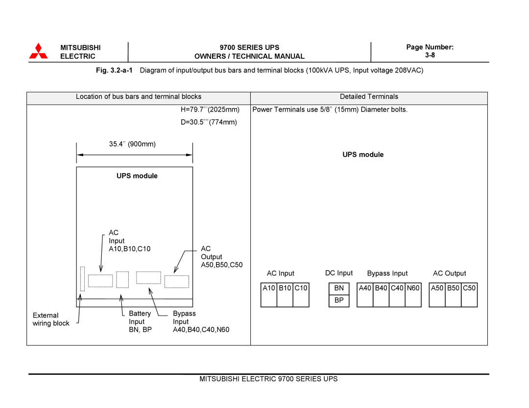 Mitsubishi Electronics 9700 Series technical manual Location of bus bars and terminal blocks Detailed Terminals, UPS module 