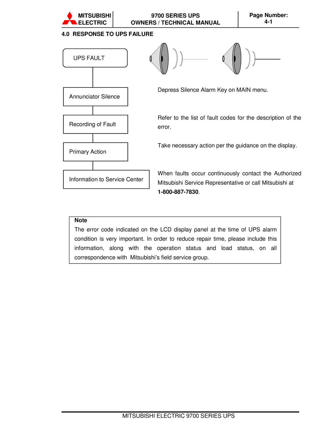 Mitsubishi Electronics 9700 Series technical manual Electric Owners / Technical Manual Response to UPS Failure, UPS Fault 