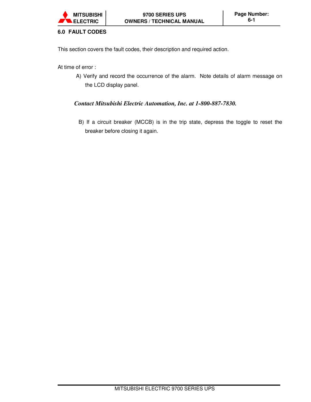 Mitsubishi Electronics 9700 Series technical manual Contact Mitsubishi Electric Automation, Inc. at, Fault Codes 