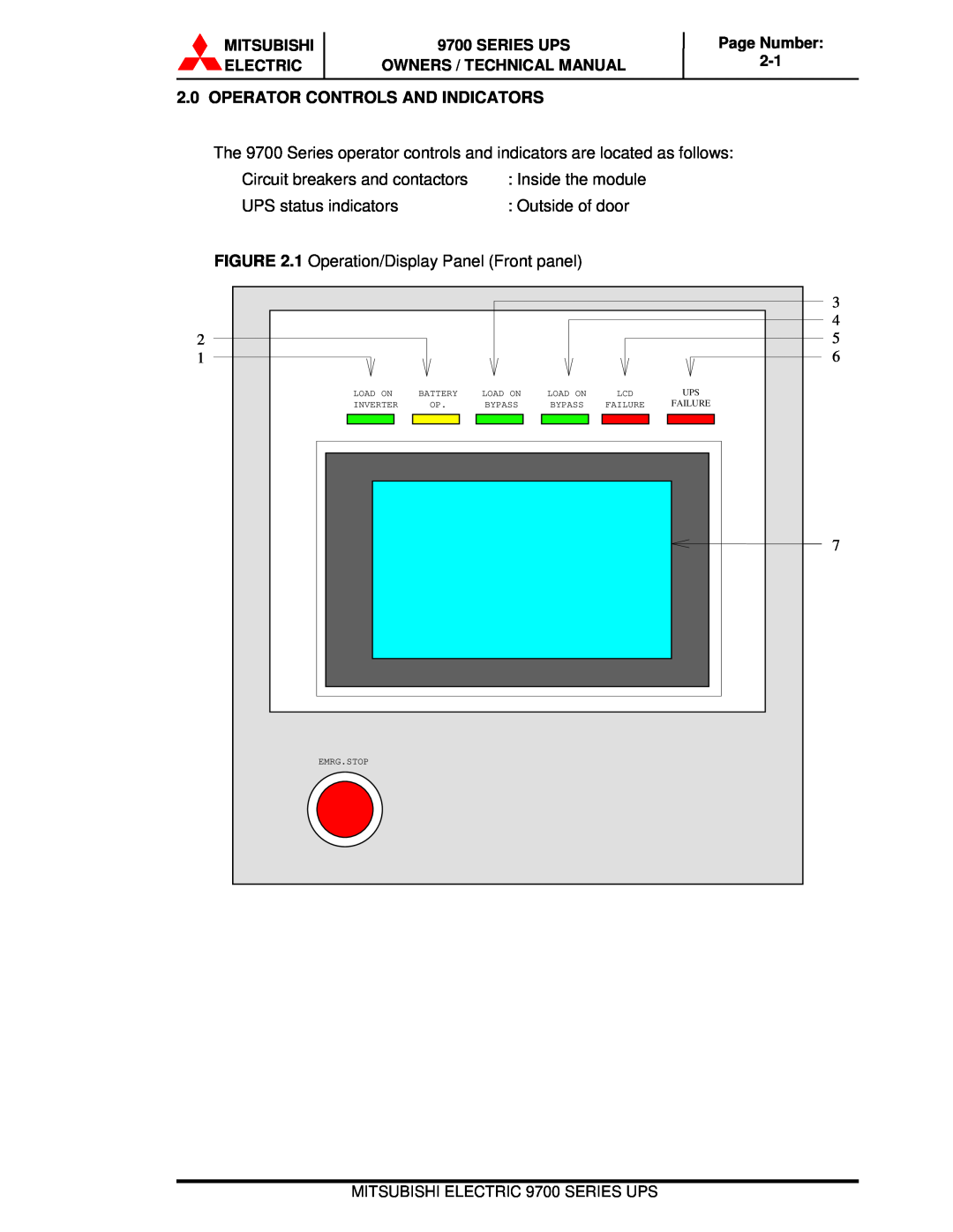 Mitsubishi Electronics 9700 Series Operator Controls And Indicators, Page Number, Load On, Inverter, Emrg.Stop, Battery 